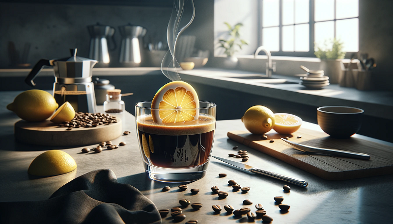 kawa z cytryną na stole w kuchni